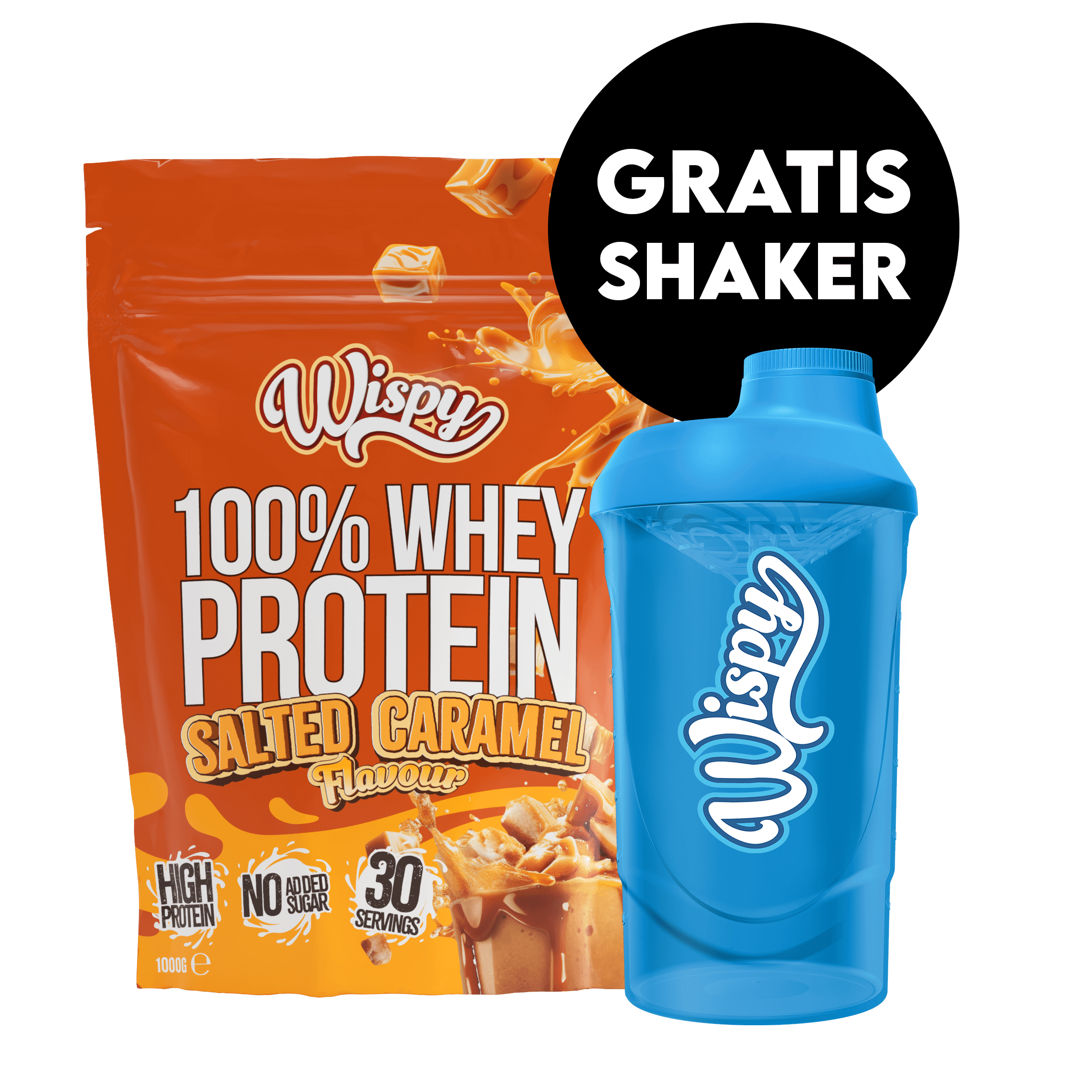 Wispy Whey 100 - Salted Caramel (1kg) + GRATIS Wispy Shaker - Proteinpulver